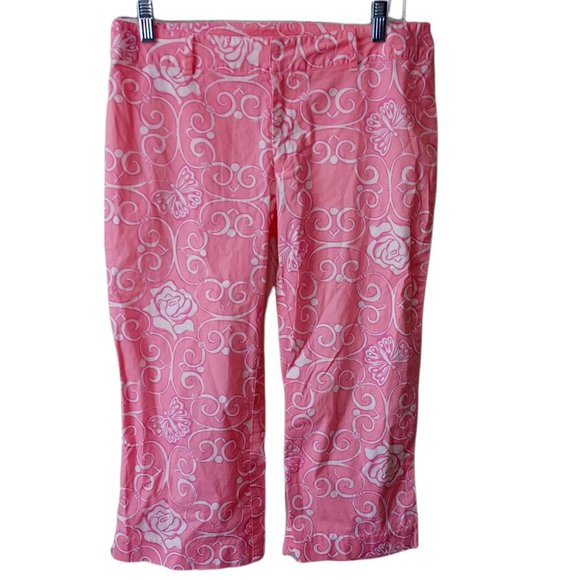 Lilly Pulitzer Vintage White Tag Pink & White Rose & Butterfly Crop Pants - Picture 1 of 4